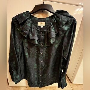 J. Crew Women's Medium Green Ruffle Long sleeve Blouse Holiday Preppy Office